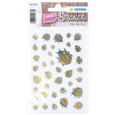 Aufkleberbogen mit verschiedenen Marienkäfern in gelb und schwarz auf weißem Hintergrund. Verpackt unter der Marke HERMA.