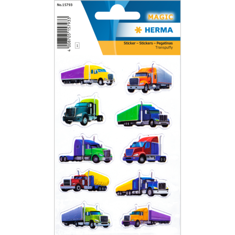 Colorful stickers of trucks in various colors and designs, arranged on a white background.