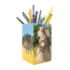 Ein Stiftehalter mit Bildern von Pferden, gefüllt mit bunten Stiften in verschiedenen Farben.
