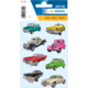 Aufkleber mit verschiedenen klassischen Autos in verschiedenen Farben, darunter ein grüner, roter und pinker Wagen, auf einem hellblauen Hintergrund.