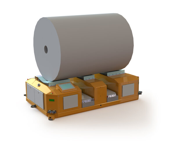 A bright orange transport cart with a large roll of paper on top, equipped with several controls and wheels.