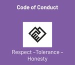 Code of Conduct with the values of respect, tolerance, and honesty, represented by a graphic symbol of overlapping hands.