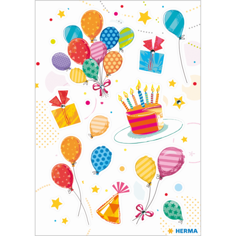 Bunte Luftballons, Geschenke und eine Torte mit Kerzen auf einem Teller, umgeben von Sternen und Konfetti.