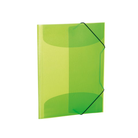 Transparente grüne Mappe mit schwarzem Gummiband, geeignet zur Aufbewahrung von Dokumenten oder Unterlagen.