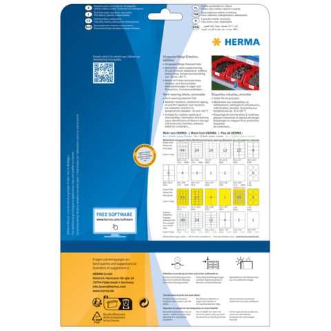 Rückseite einer Verpackung mit Informationen zu HERMA Produkten, einschließlich QR-Code und Hinweisen zu kostenloser Software.
