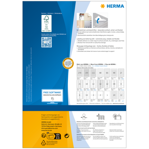 HERMA Produktinformation mit Anleitungen zur Verwendung, QR-Code und Details zu kostenloser Software. Enthält Tabellen und Grafiken zur Anwendung.