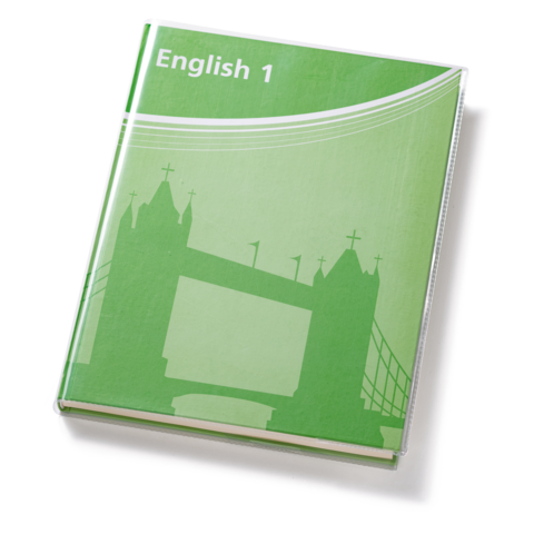 Grünes Buchcover mit dem Titel "English 1" und einer schematischen Darstellung einer Brücke im Hintergrund.
