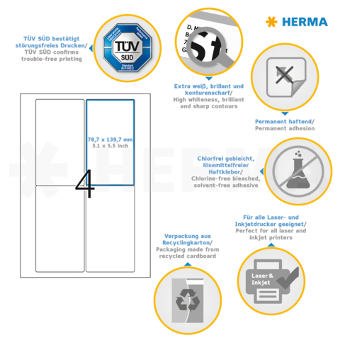 Label description with technical details: Dimensions 78.7 x 139.7 mm, permanent adhesive, chlorine-free, suitable for laser and inkjet printers.