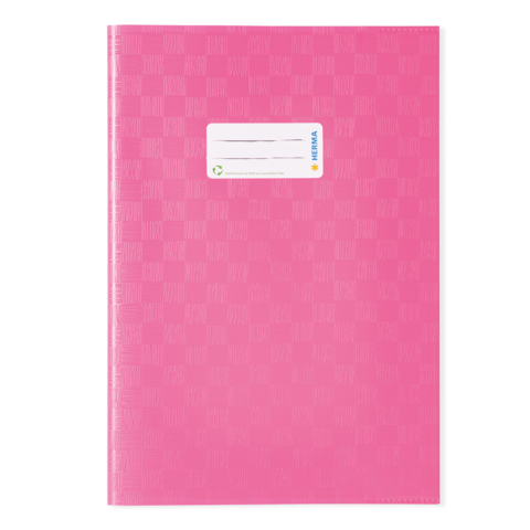 Rosa Ordner mit einem karierten Muster und einem beschriftbaren Etikett auf der Vorderseite.