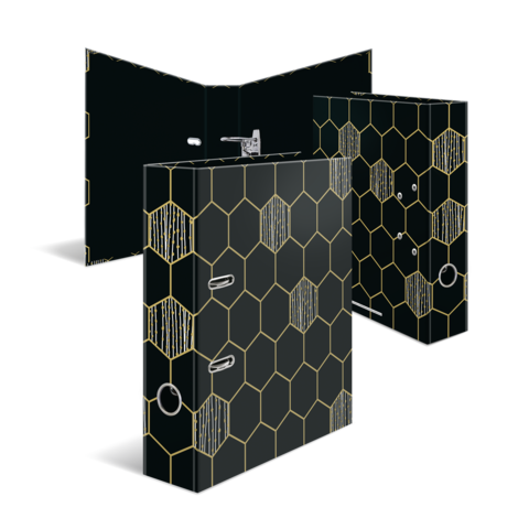 Drei schwarze Ordner mit einem hexagonalen Muster in Gold, aufgestellt in einer offenen Position.