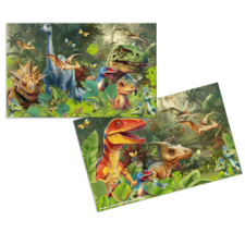 Dinosaurier in einer üppigen, grünen Umgebung, darunter verschiedene Arten wie Tyrannosaurus und Brachiosaurus, umgeben von Pflanzen und Insekten.