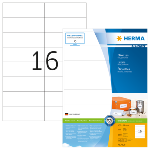 Etikettenblatt mit der Aufschrift "16", Informationen zu Herma Etiketten und Softwarehinweisen, sowie Produktdetails.