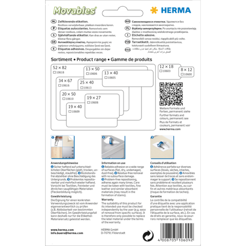Produktverpackung von Herma mit verschiedenen Etikettenformaten und Anweisungen zur Verwendung. QR-Code und Website-Informationen sind ebenfalls enthalten.