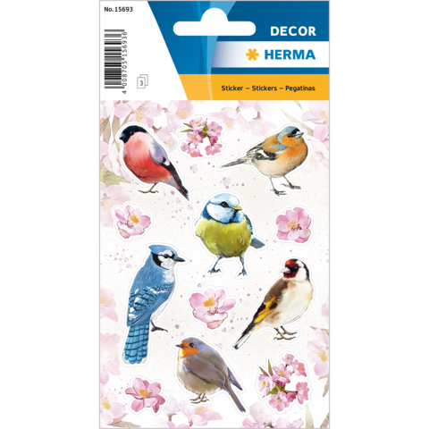 Bunte Vogelsticker auf einem Hintergrund mit Blütenmotiven, einschließlich verschiedener Vogelarten wie Finken und Meisen.