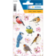 Bunte Vogelsticker auf einem Hintergrund mit Blütenmotiven, einschließlich verschiedener Vogelarten wie Finken und Meisen.