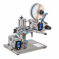 A labeling machine with a roll label, a control panel, and a conveyor belt for the automatic labeling of products.