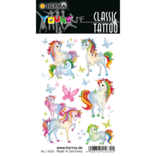 Bunte temporäre Tattoos mit Einhörnern, Schmetterlingen und Regenbogenmotiven auf einem schwarzen Hintergrund.