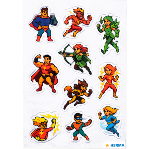 A collection of colorful stickers featuring various superhero figures in dynamic poses, including men and women with different powers.