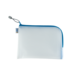 Weiße Tasche mit blauer Reißverschlusskante, geeignet für die Aufbewahrung von kleinen Gegenständen oder Zubehör.