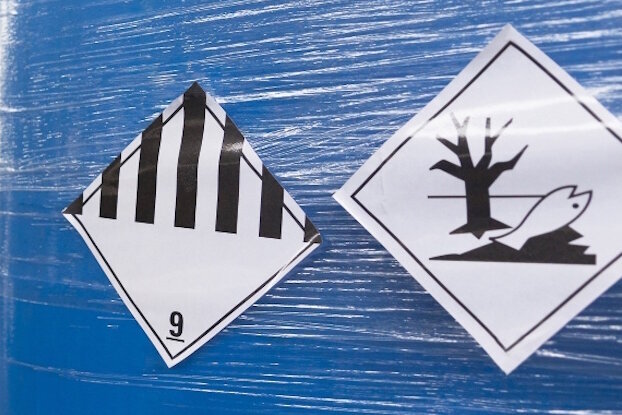 Hazardous material labels on pallet stretch film, image design for hazard labels, landscape format.
