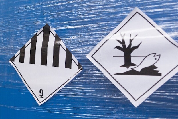 Hazardous material labels on pallet stretch film, image design for hazard labels, landscape format.