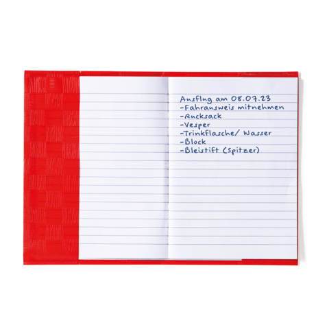 Liste für einen Ausflug am 08.07.23 mit Punkten wie Fahrausweis, Rucksack, Vesper, Trinkflasche, Block und Bleistift.