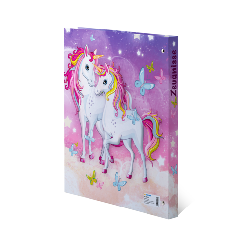 Two unicorns with colorful manes stand against a vibrant, starry background. Butterflies are fluttering around them.