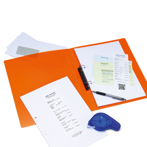 Orange folder with several documents, a pen, and a tape dispenser, surrounded by additional sheets.
