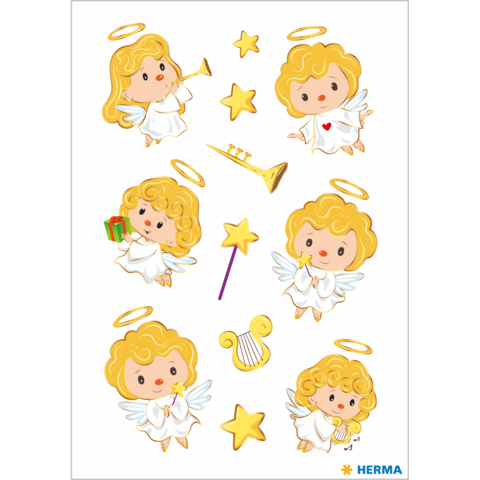 Sechs niedliche Engel mit Locken, Flügeln und Heiligenscheinen, umgeben von goldenen Sternen und Musikinstrumenten.