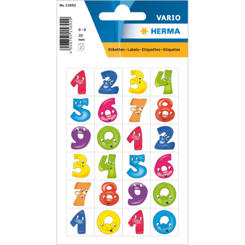 Bunte Aufkleber mit Zahlen von 0 bis 9, jede Zahl hat ein freundliches Gesicht und ist in verschiedenen Farben gestaltet.