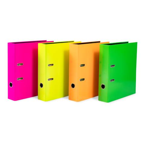 Four colored binders in pink, yellow, orange, and green, standing upright, each with two holes on the front.