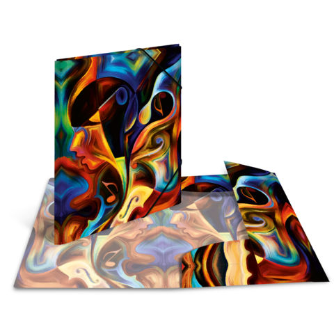 Bunte, abstrakte Kunstwerke mit stilisierten Gesichtern und fließenden Formen, die auf einem Tisch angeordnet sind.