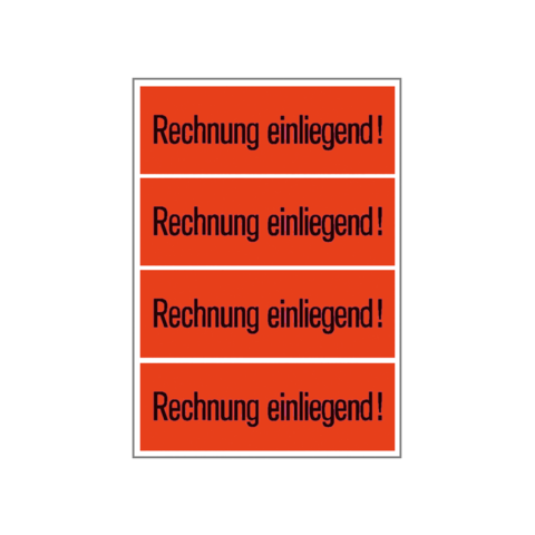 Vier rote Aufkleber mit dem Text "Rechnung einliegend!" in weißer Schrift.