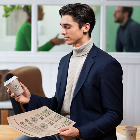 A young man in a blazer is holding a coffee cup and a folder with documents. In the background, two people can be seen engaged in conversation.