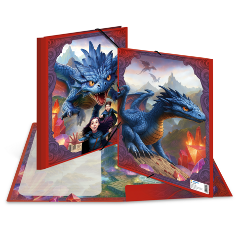 Two binders with imaginative dragon illustrations depicting an adventurous scene in a crystal landscape.