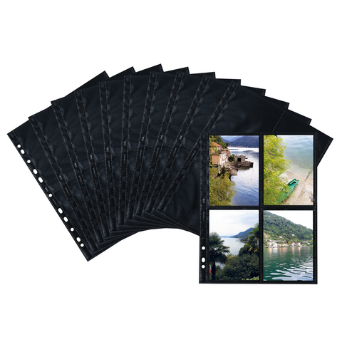 Black photo sleeves with multiple pockets that provide space for pictures. Some sleeves display photos of landscapes and bodies of water.