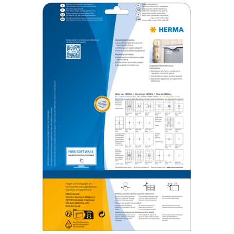 Rückseite einer Verpackung mit Informationen zu HERMA-Produkten, einschließlich QR-Code und Hinweisen zur kostenlosen Software.