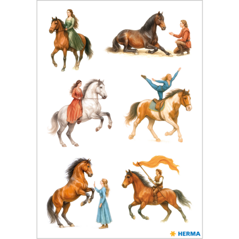 Various scenes featuring women and horses, including riding, grooming, and acrobatic displays.