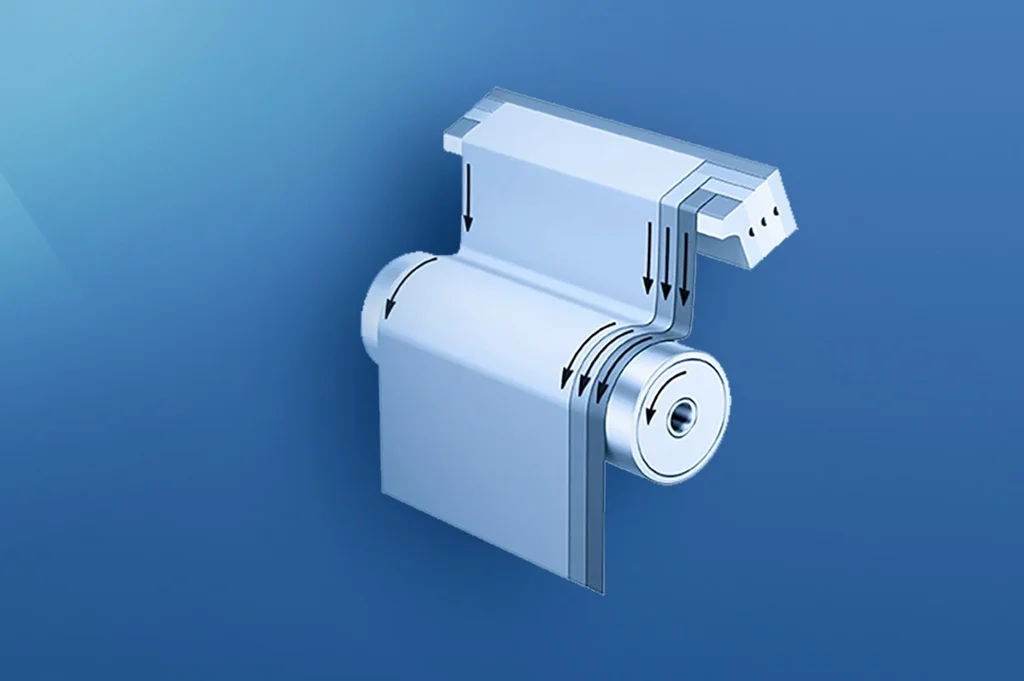 Toilet paper holder with a roll of toilet paper, against a blue background.