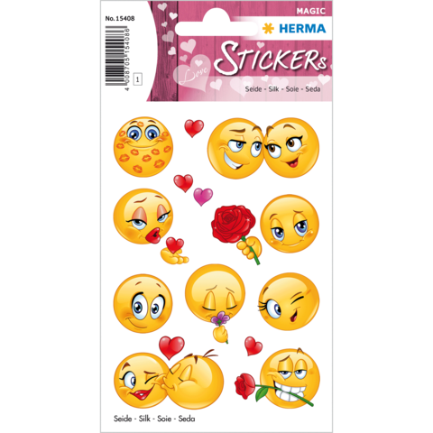 Bunte Aufkleber mit verschiedenen Emojis, Herzen und Blumen, die Gefühle wie Liebe und Freude darstellen.