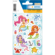 Bunte Meerjungfrauen-Sticker in verschiedenen Farben und Posen, umgeben von Meeresbewohnern wie Fischen, einem Krabben und einer Schildkröte.