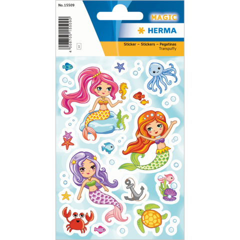 Bunte Meerjungfrauen-Sticker in verschiedenen Farben und Posen, umgeben von Meeresbewohnern wie Fischen, einem Krabben und einer Schildkröte.