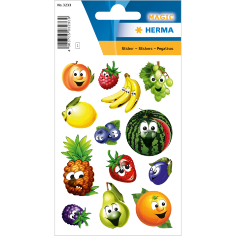 Bunte Aufkleber mit fröhlichen Obstmotiven, darunter Erdbeeren, Bananen, Trauben, Ananas und Wassermelonen.