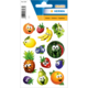 Bunte Aufkleber mit fröhlichen Obstmotiven, darunter Erdbeeren, Bananen, Trauben, Ananas und Wassermelonen.