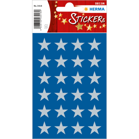 Blauer Stickerbogen mit weißen Sternen, 24 Sterne in vier Reihen angeordnet, für Dekorationszwecke.