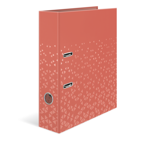 Ein orangefarbener Ordner mit einem geometrischen Muster und zwei Öffnungen auf der Vorderseite.