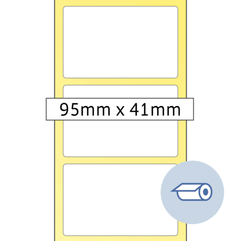 Etikettenlayout mit drei leeren Feldern, Größe 95 mm x 41 mm, auf gelbem Hintergrund.