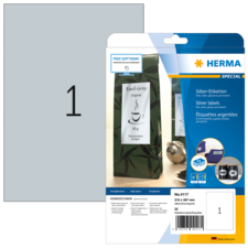 Silberne Etiketten von Herma, 25 Stück, für Beschriftungen, mit Beispiel für Teeverpackung und Hinweis auf kostenlose Software.