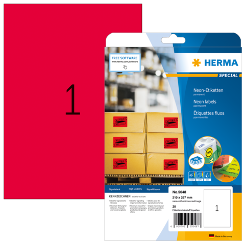 Neon-Etiketten-Packung von Herma mit der Nummer 5048, enthält 20 Etiketten in verschiedenen Farben, geeignet für Beschriftungen.
