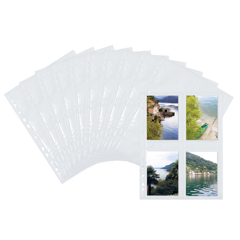 Mehrere transparente Fotohüllen mit vier Fächern, die Landschaftsaufnahmen von Gewässern und Uferbereichen zeigen.